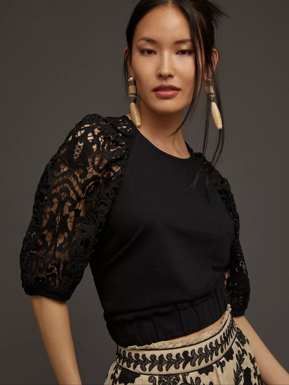DOLAN Anthropologie Black Lace Sleeve Sweatshirt Top Medium